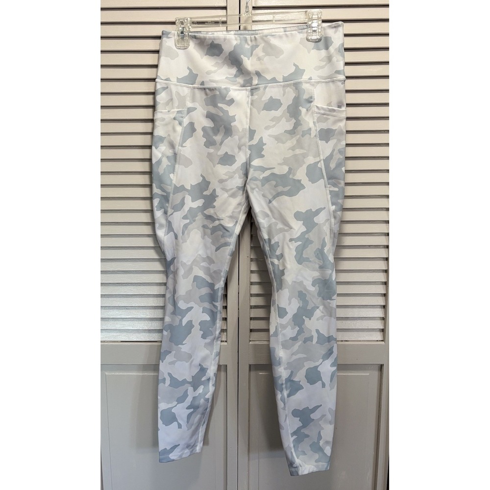 Just Fab Camo Ankle Leggings Size XL High Rise Activewear Pockets Cream/Gray EUC